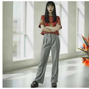 NEW L.A.M.B. Black and White checkered Cuffed Wide Straight Leg Linen Pants 10